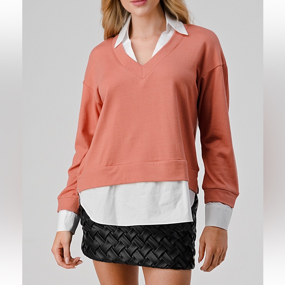 37 V Neck Shirt Contrast Sweater Long Sleeve Top